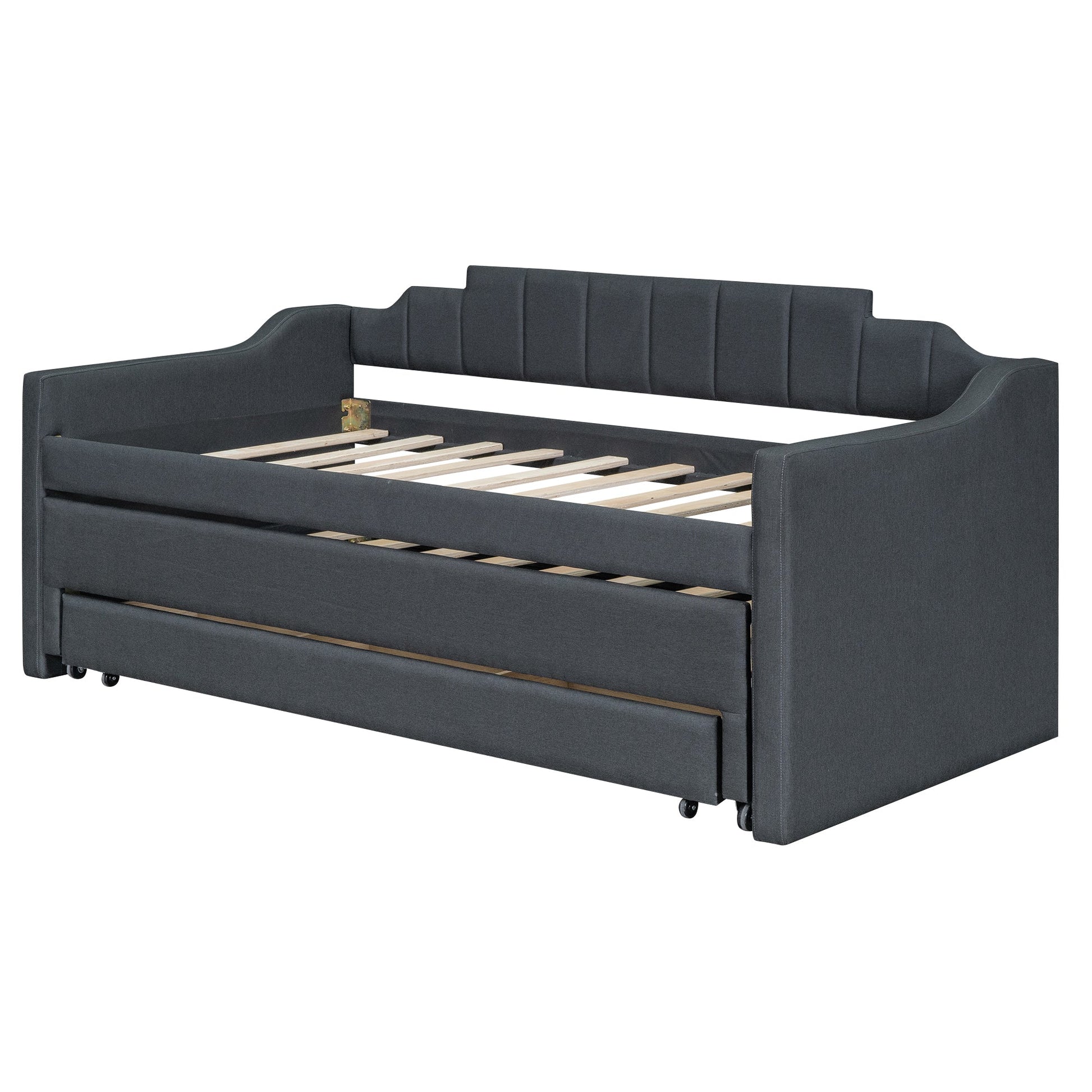 Twin Size Upholstered Daybed with Trundle and Three Drawers Grey - Korvel