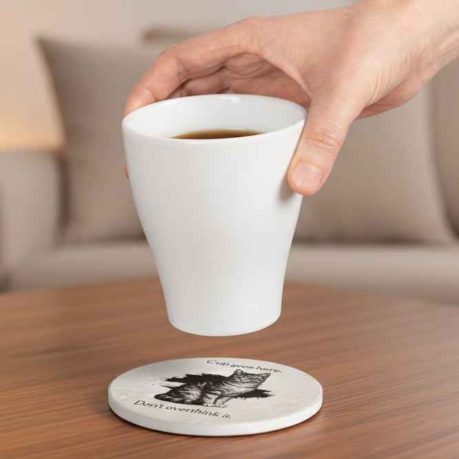 Cup Goes Here Cat Coaster - Clear Instructions for Beverage Placement