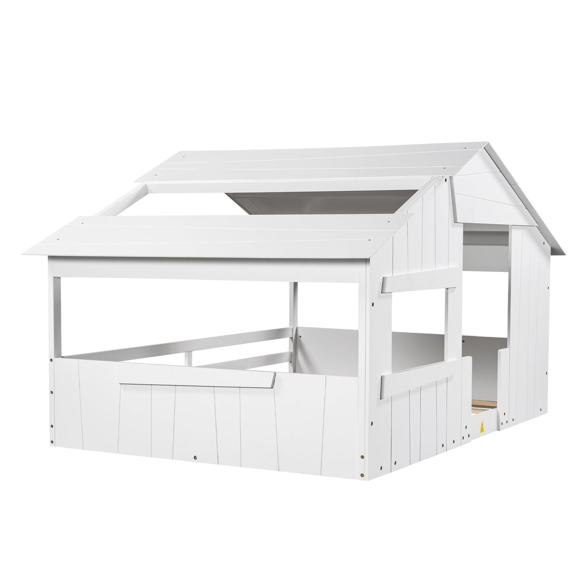Wood Full Size House Bed with Roof, Window and Guardrail White - Korvel
