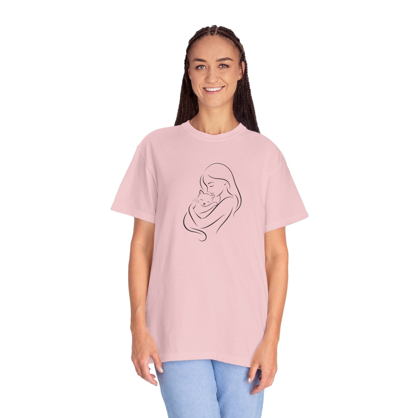 Camiseta Madre y Gato Abrazo | Camiseta Minimalista de Arte Lineal para Mamás de Gatos