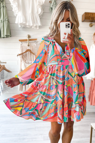 Multicolored Printed Long Sleeve Tie Neck Mini Dress