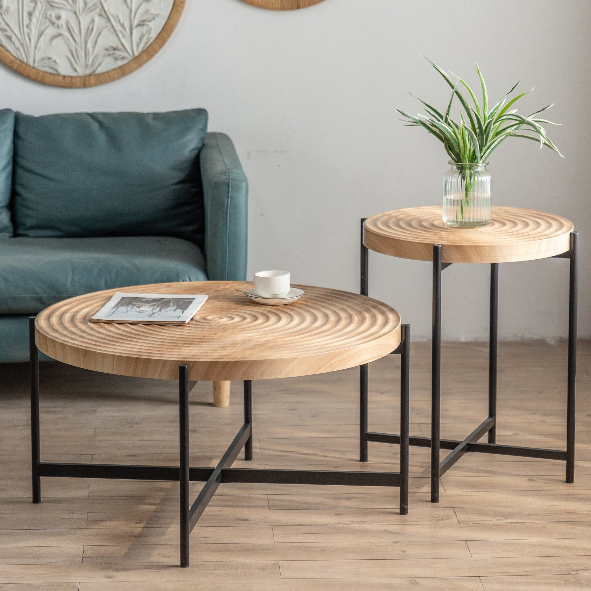33"Modern Thread Design Round Coffee Table MDF Table Top with Cross Legs Metal Base - Korvel
