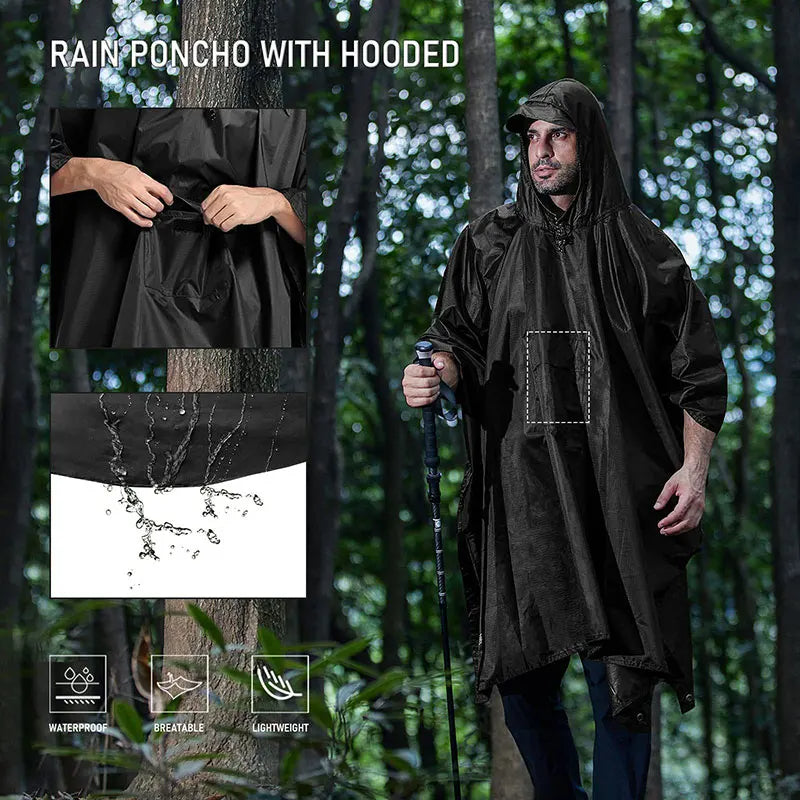 3 In 1 Outdoor Military Raincoat Hooded Sleeve Waterproof Rain Poncho Motorcycle Rain Cover Camping Hiking Travel Rainwear Tent - Korvel
