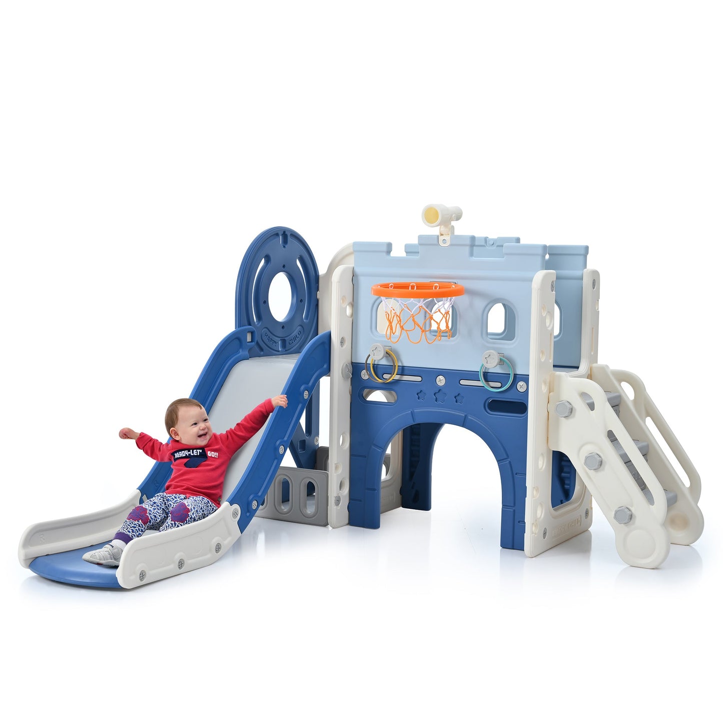 9-1 Toddler Slide Set,Kids Slide for Toddlers Ages 1+, Basketball Hoop, Tunnel and Storage Space, Pirate Ship Themed Slide - Korvel
