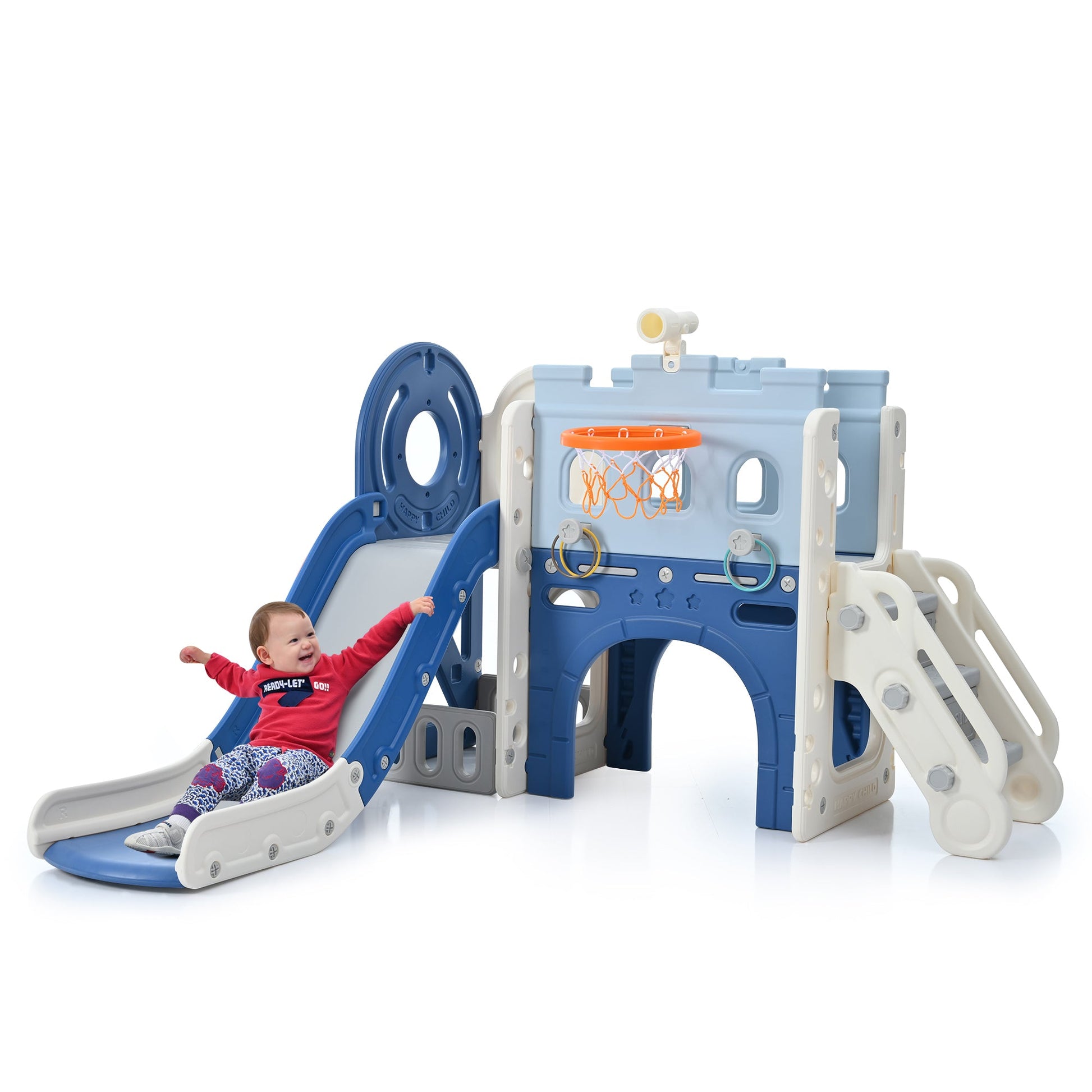 9-1 Toddler Slide Set,Kids Slide for Toddlers Ages 1+, Basketball Hoop, Tunnel and Storage Space, Pirate Ship Themed Slide - Korvel