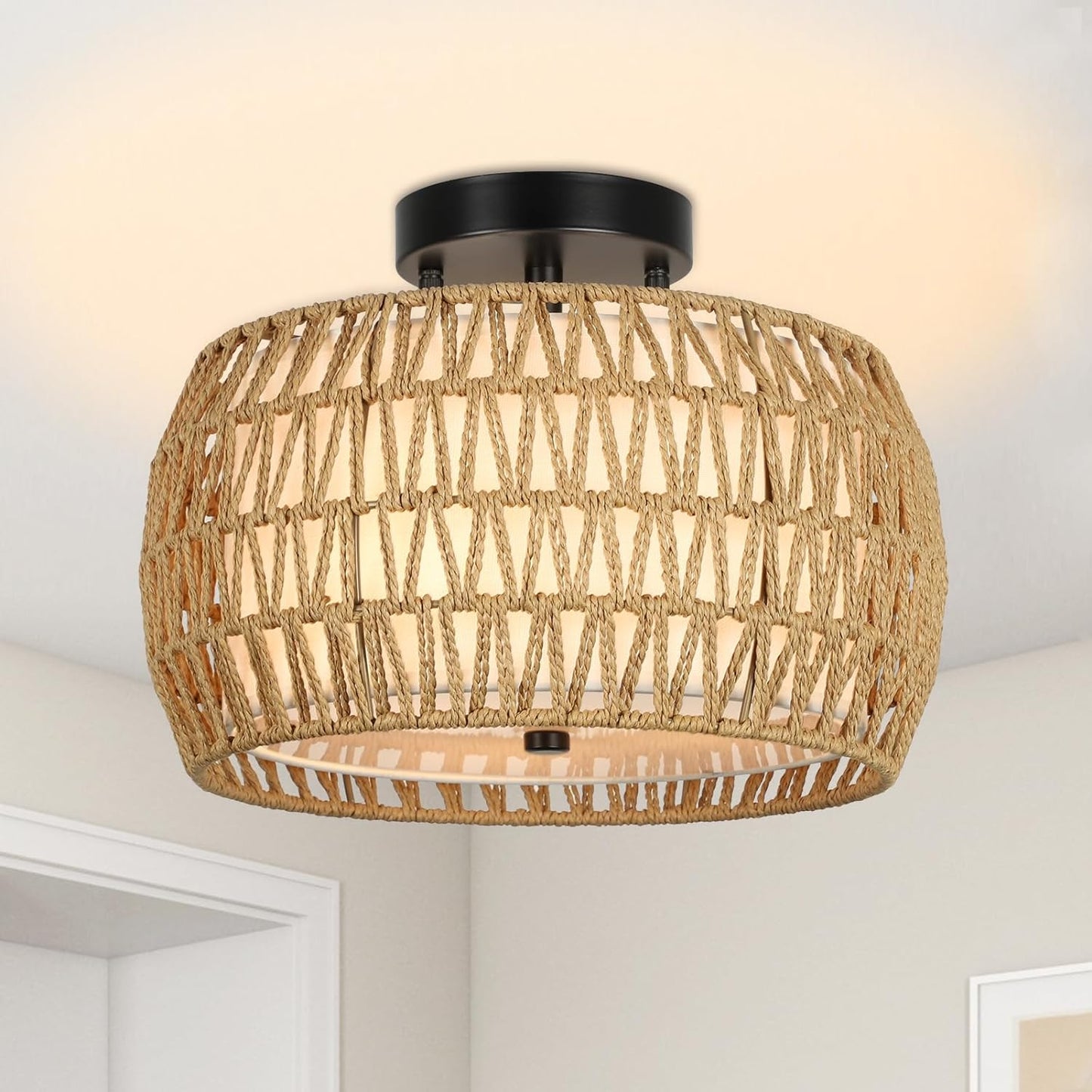 Applique de plafond semi-encastrée en rotin Boho