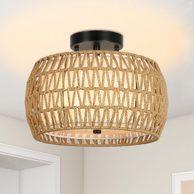 Boho Rattan Semi Flush Mount Ceiling Light Fixture
