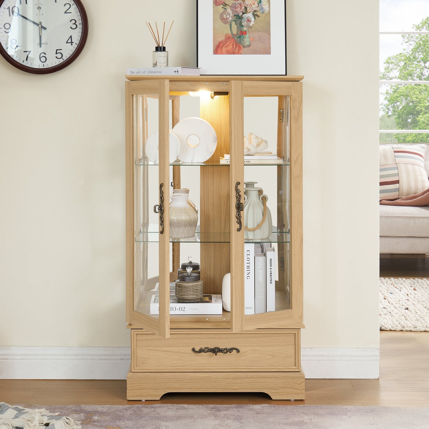 Light colored glass cabinet with adjustable glass frame, including cabinet light bulbs OAK with 2 doors and 1 drawer - Korvel