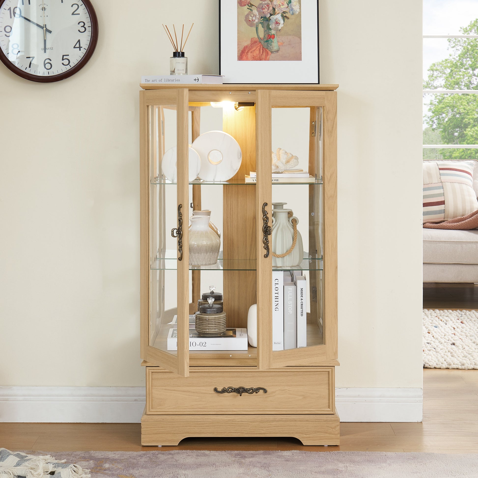 Light colored glass cabinet with adjustable glass frame, including cabinet light bulbs OAK with 2 doors and 1 drawer - Korvel