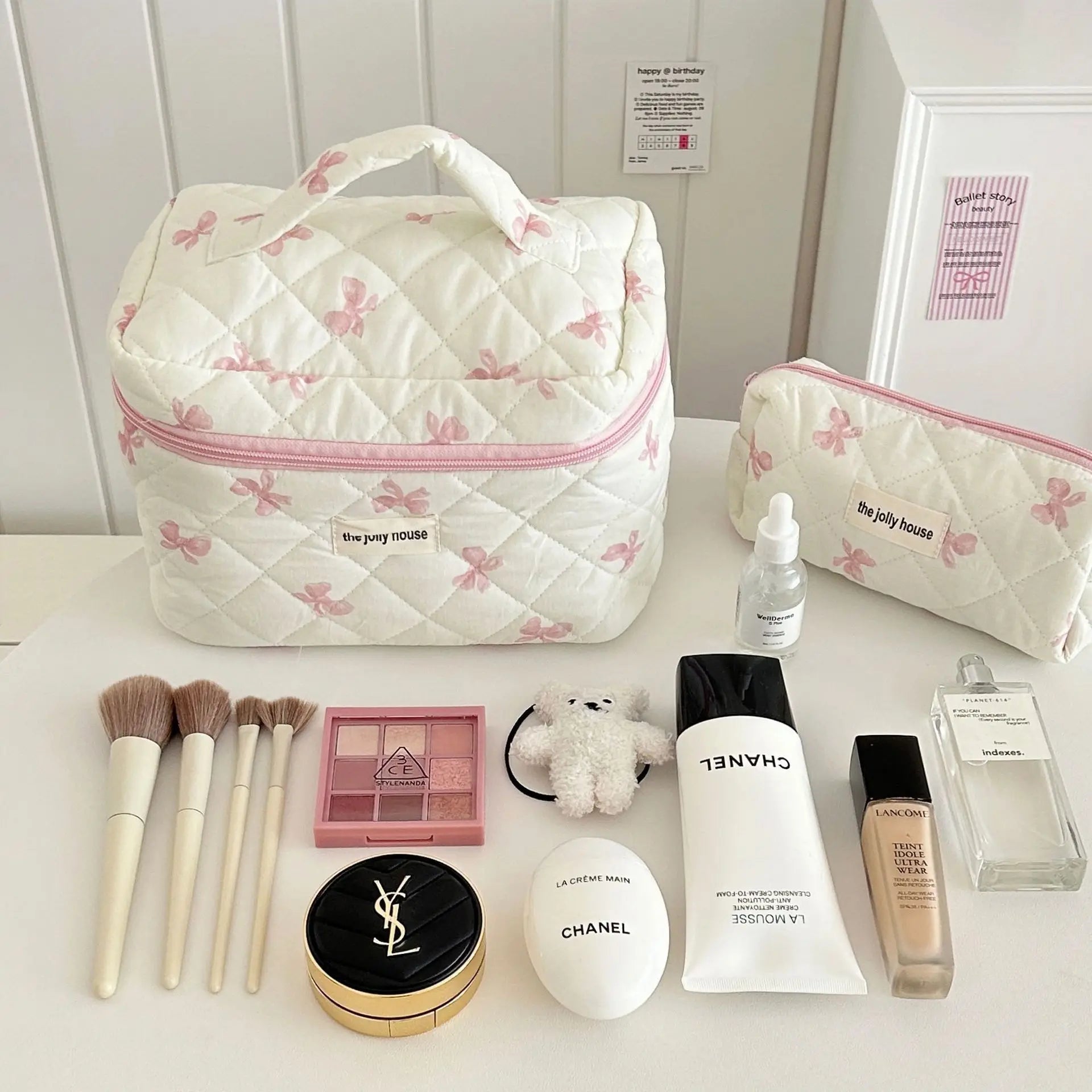 Cute Bow Flower Quilting Cotton Makeup Bag Women Zipper Cosmetic Organizer Female Cloth Handbag Portable Toiletry Case for Girls - Korvel