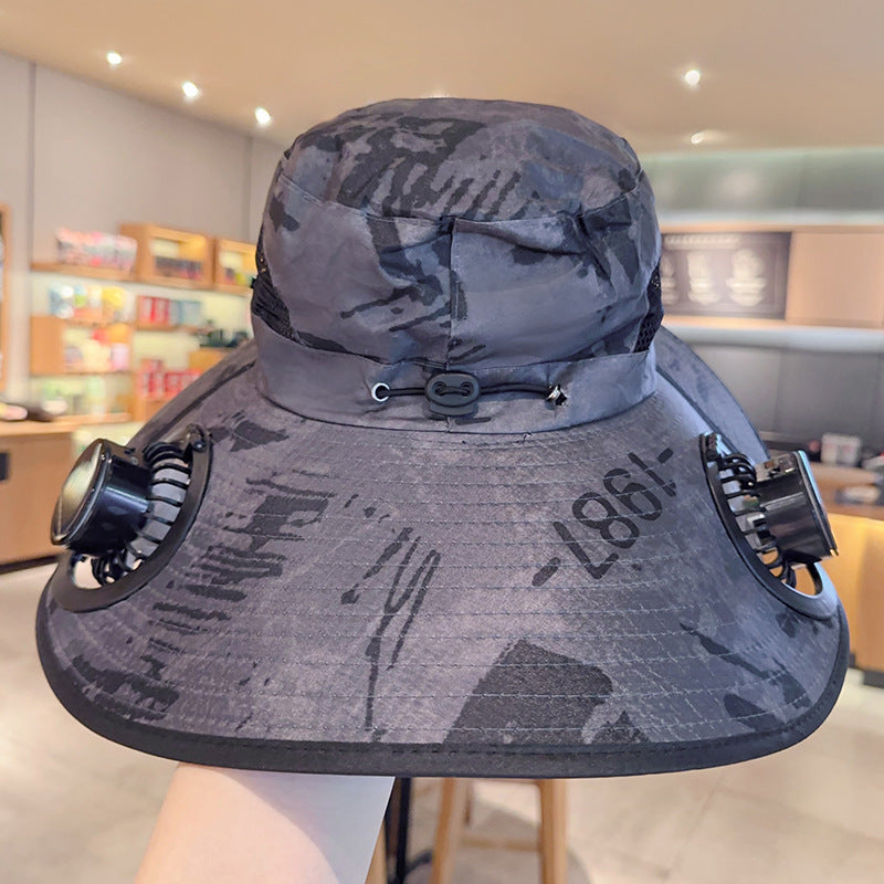 Solar powered fan large brim hat men's outdoor sunshade hat mountain climbing fisherman hat - Korvel