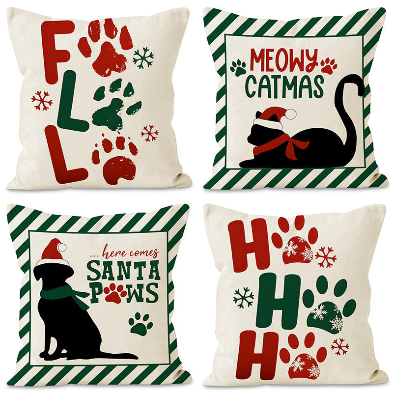 Christmas striped pillow cover linen black cat print pillowcase home holiday decoration cushion cover - Korvel