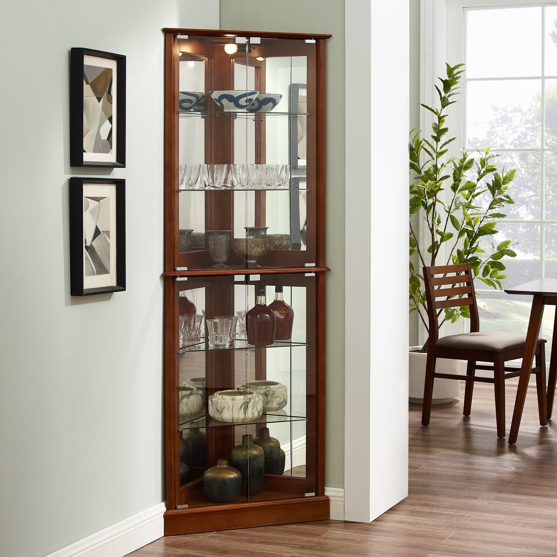 Corner Curio Dispaly Cabinet with Lights, Adjustable Tempered Glass Shelves, Mirrored Back,Walnut(E26 light bulb not included) - Korvel