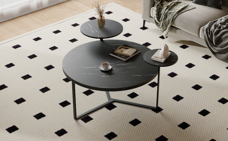 Modern coffee table with two display shelves, Black Faux marble surfaces, Tripod-inspired base,Rounded tabletop edges - Korvel
