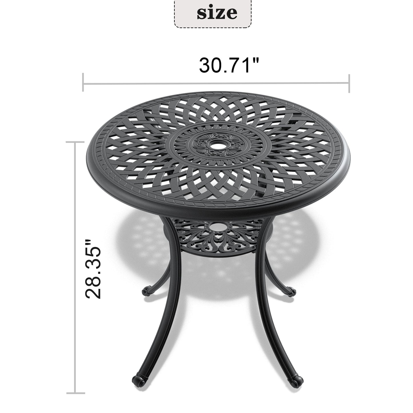 Ø30.71-inch Cast Aluminum Patio Dining Table With Black Frame and Umbrella Hole - Korvel