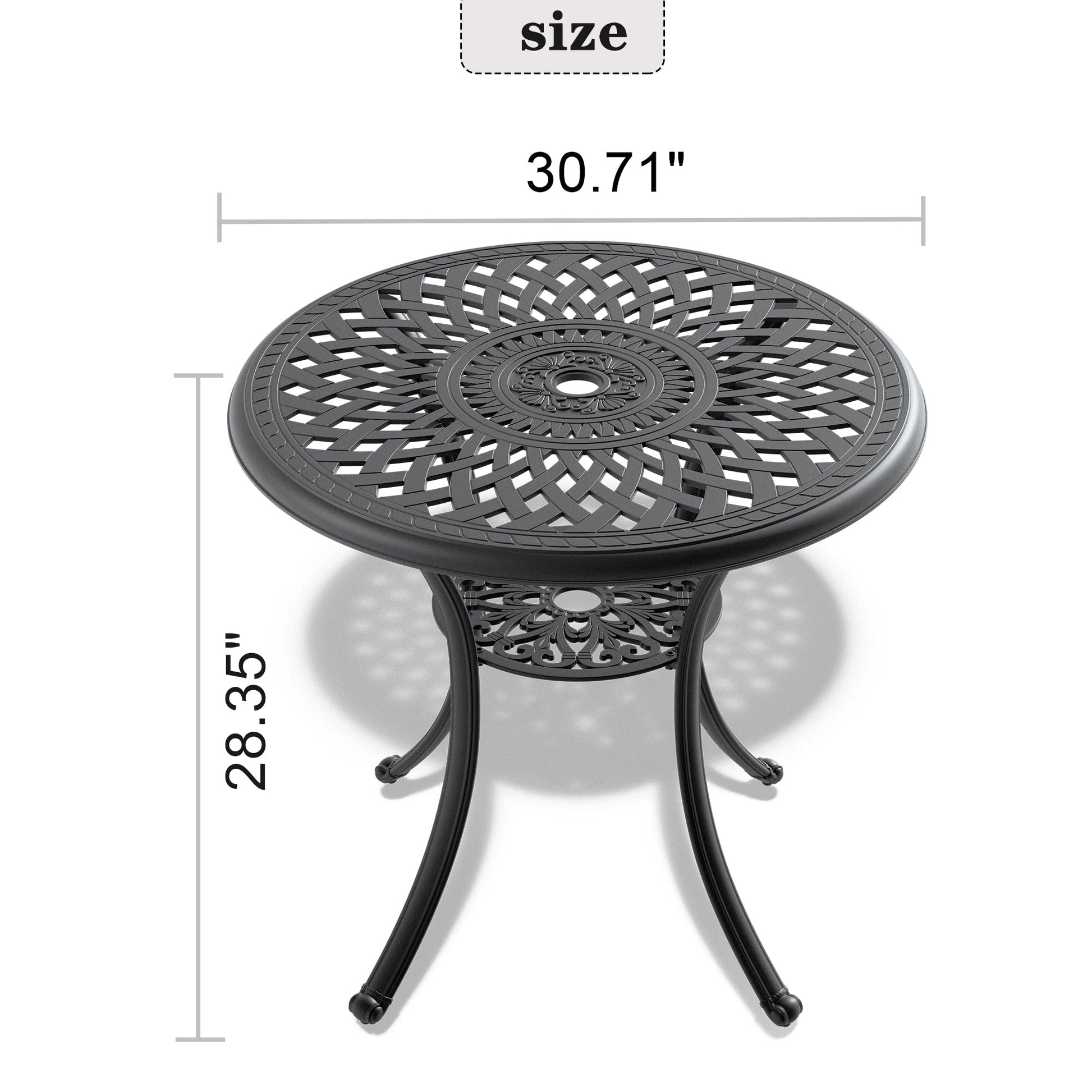 Ø30.71-inch Cast Aluminum Patio Dining Table With Black Frame and Umbrella Hole - Korvel