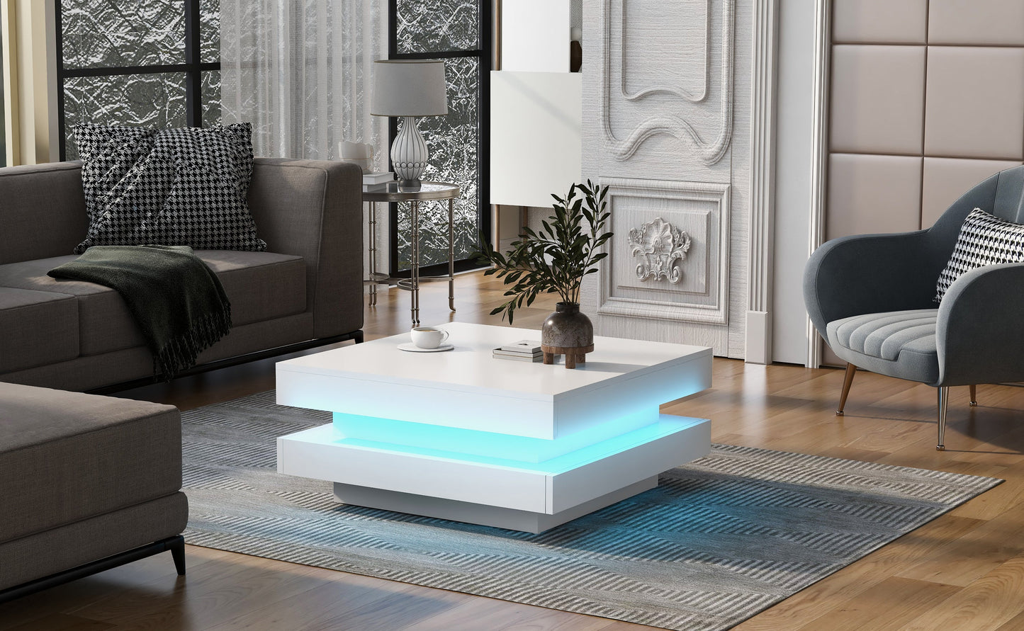 ON-TREND High Gloss Minimalist Design with LED Lights 2-Tier Square Coffee Table White - Korvel
