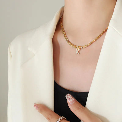 Brass Inlaid Zircon Letter Pendant Necklace - Korvel