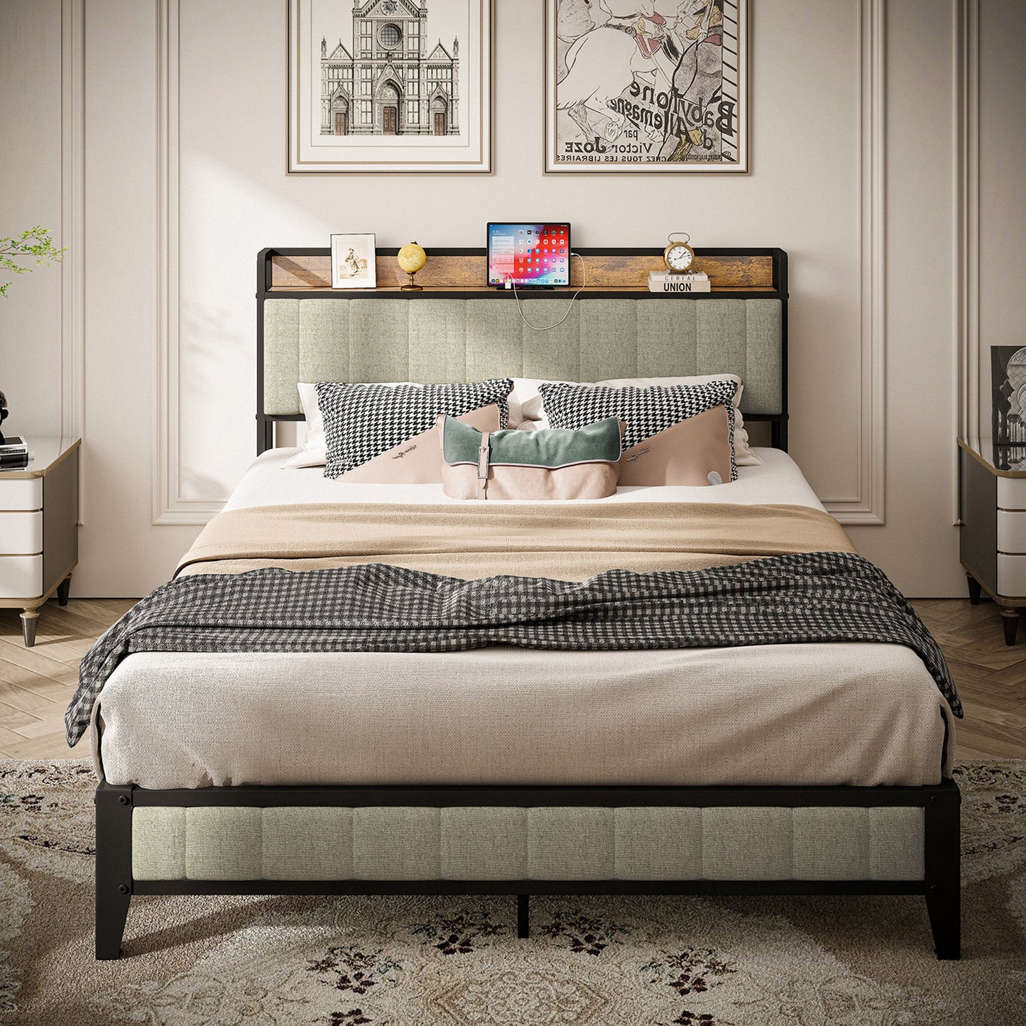 Queen Size Bed Frame with Charging Station, Upholstered Headboard, Metal Platform, Grey - Korvel