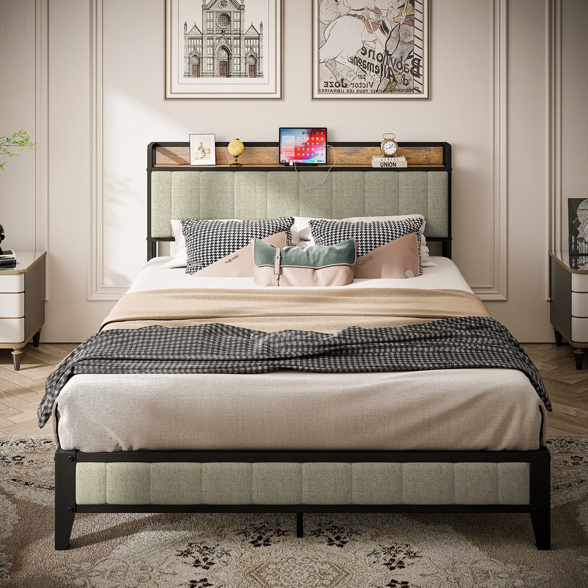 Queen Size Bed Frame with Charging Station, Upholstered Headboard, Metal Platform, Grey - Korvel