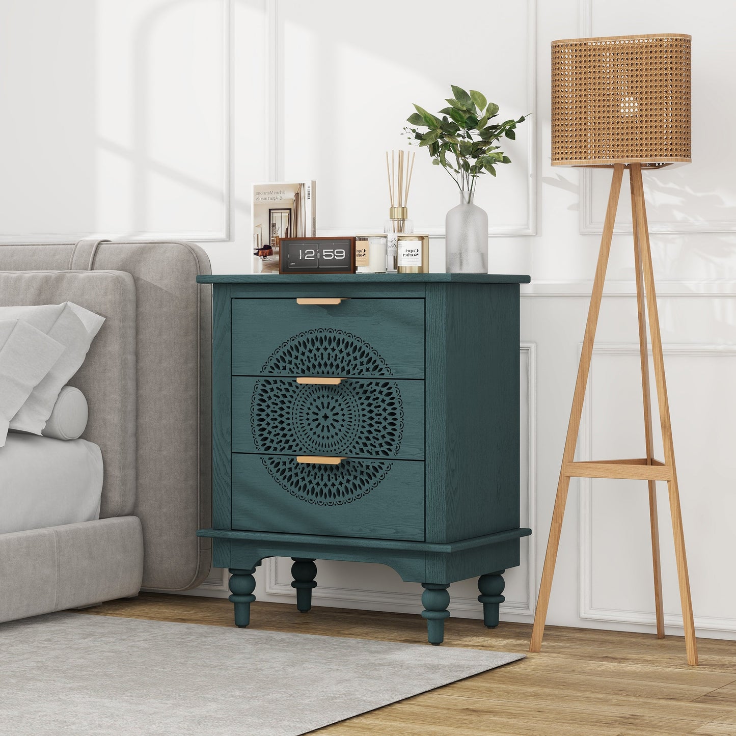 Commode de rangement à 3 tiroirs en bois creusé