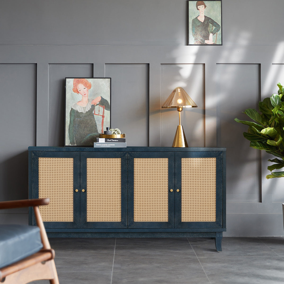 Handcrafted Premium Grain Panels Rattan Sideboard Buffer Cabinet Accent Storage Cabinet With 4 Rattan Doors BLUE - Korvel