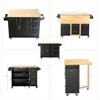 Kitchen Island & Kitchen Cart Mobile Kitehcn Island with Extensible Rubber Wood Table Top - Korvel