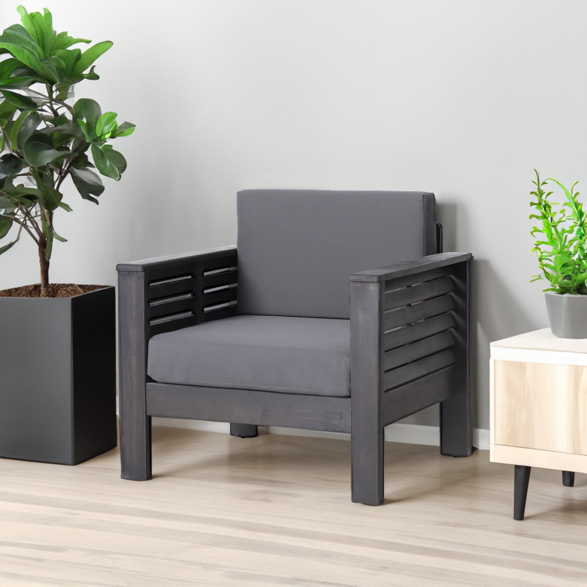 Outdoor Acacia Wood Club Chairs with Cushions, Dark Gray, 27.75"D x 32"W x 27.75"H - Korvel