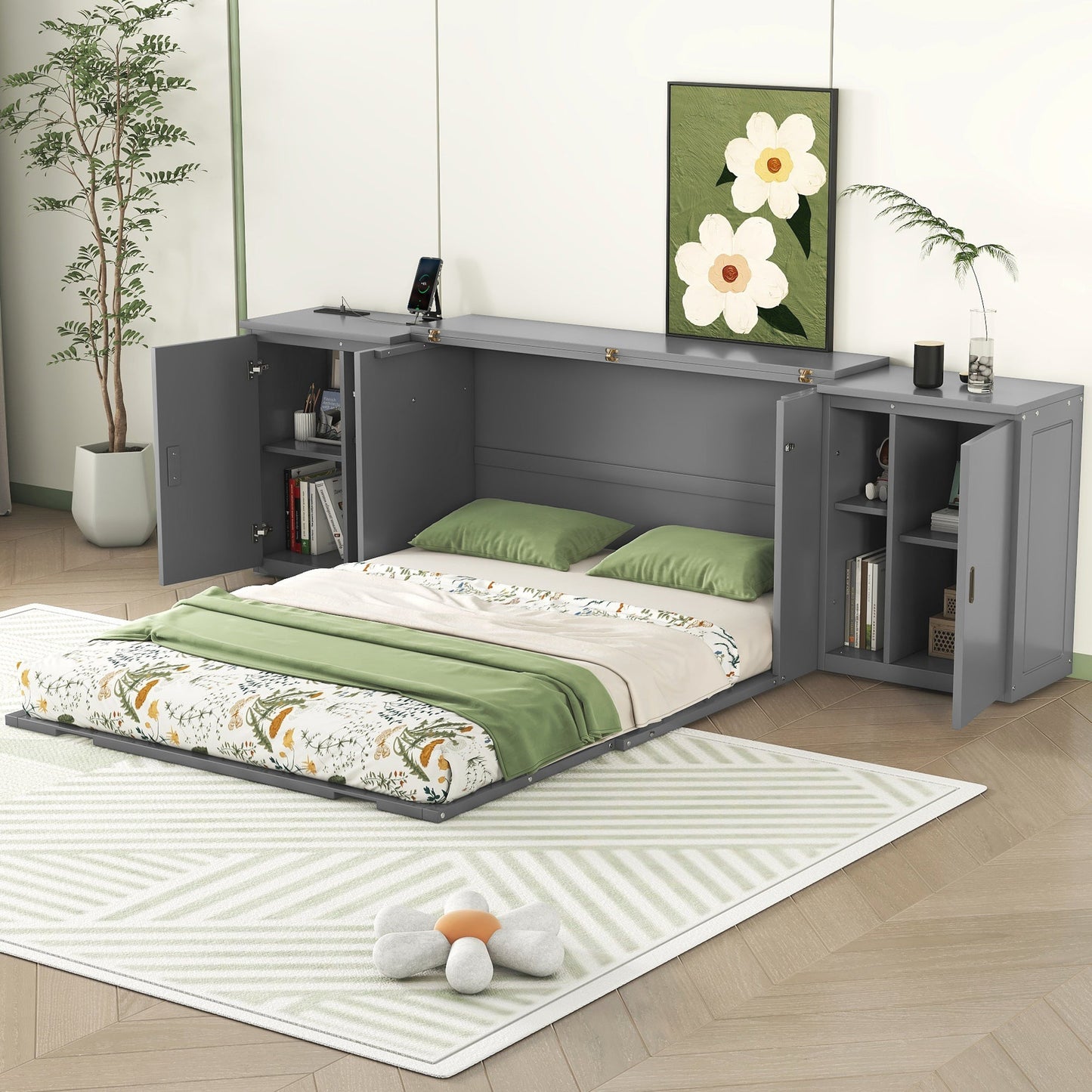 Queen Size Murphy Bed with Shelves, Cabinets and USB Ports,Gray - Korvel