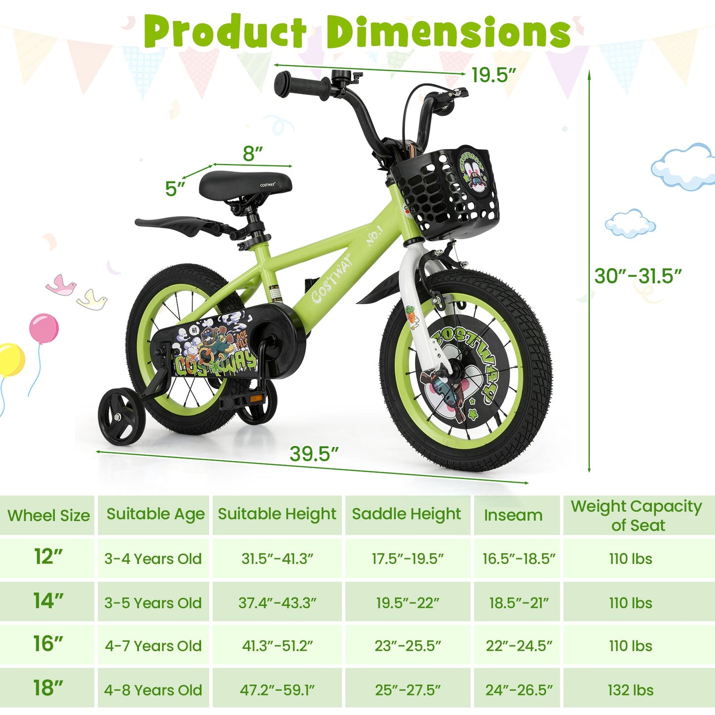 Bicicleta para Niños de 14 Pulgadas con Ruedas de Entrenamiento Ajustables para Edades de 3 a 5 Años