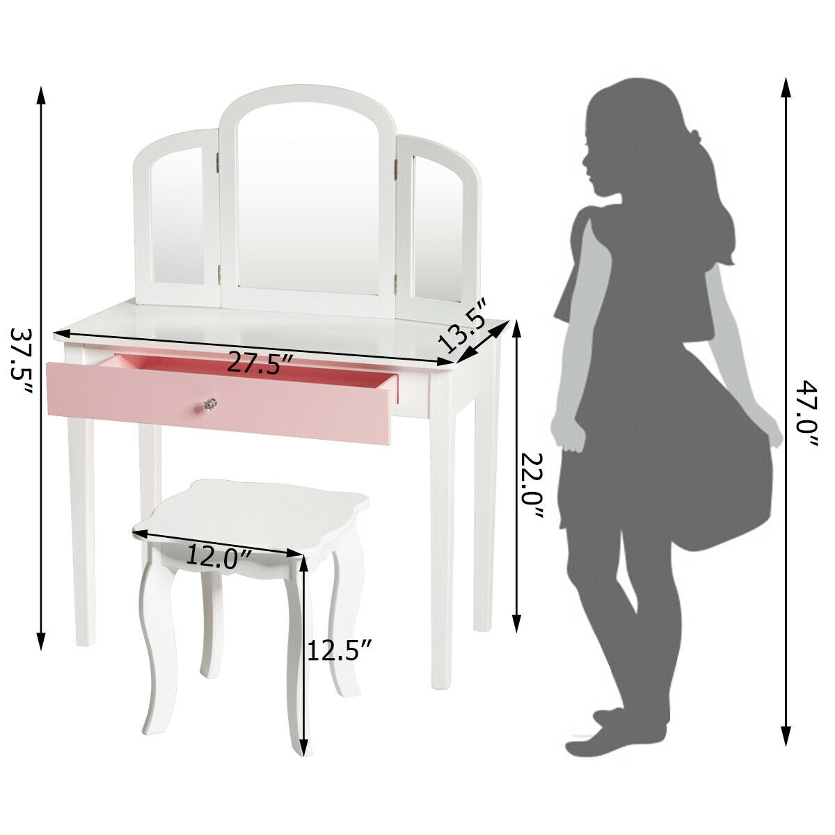 Kids Princess Makeup Dressing Table with Tri-Folding Mirror - White