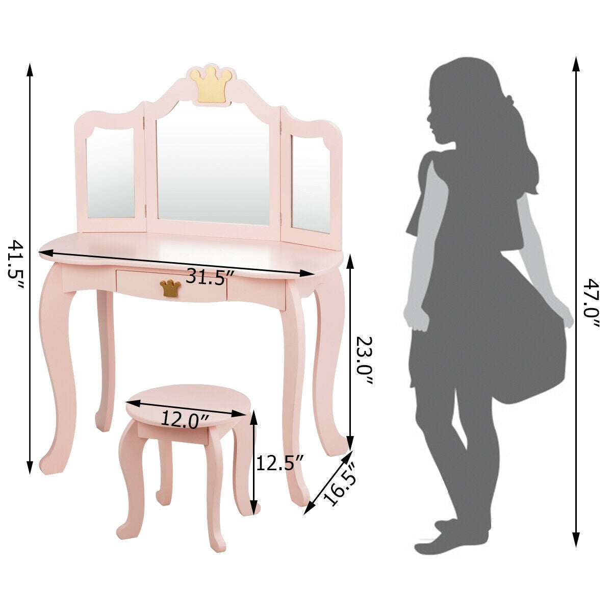 Kids Makeup Dressing Table with Tri-Folding Mirror - Pink