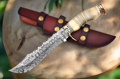 Artisan Bowie Knife - Handcrafted Damascus Steel with Bone Handle & Brass Accents - Korvel