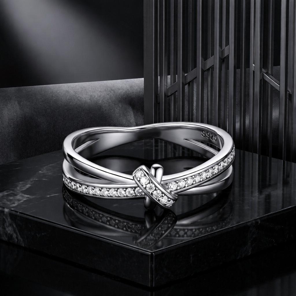 S925 Sterling Silver Oxidized Pavé CZ Ring - Size 6 for Women