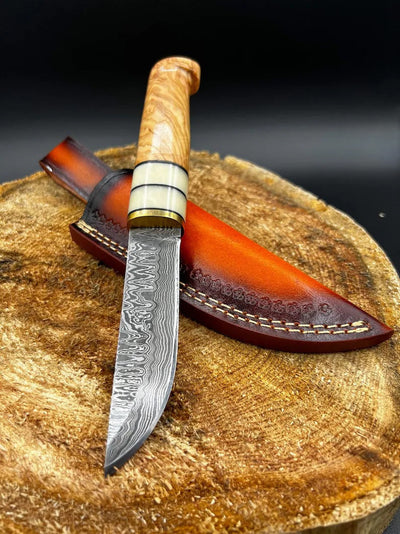 Exquisite Custom Damascus Steel Hunting Knife with Bone and Olive Wood Handle - Korvel
