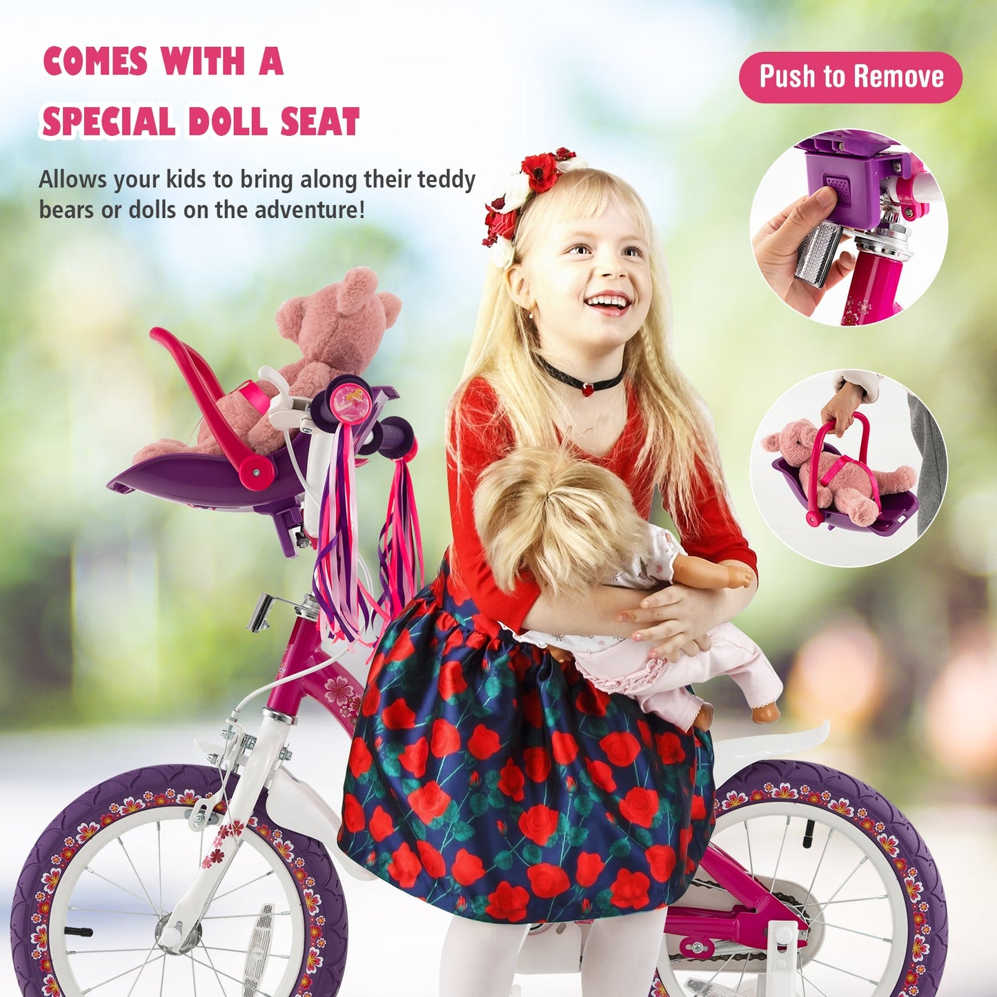 Vélo pour enfants de 14 pouces avec siège pour poupée et roues d'entraînement amovibles