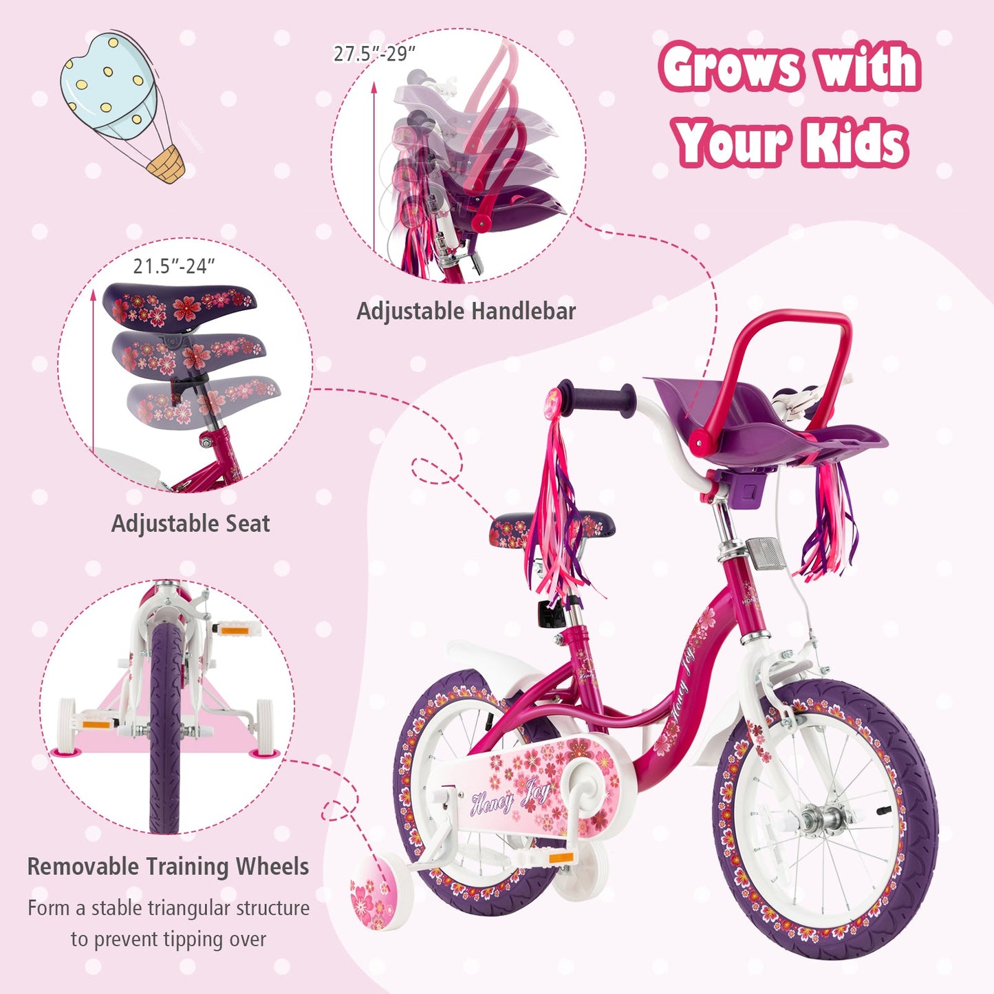 Vélo pour enfants de 14 pouces avec siège pour poupée et roues d'entraînement amovibles