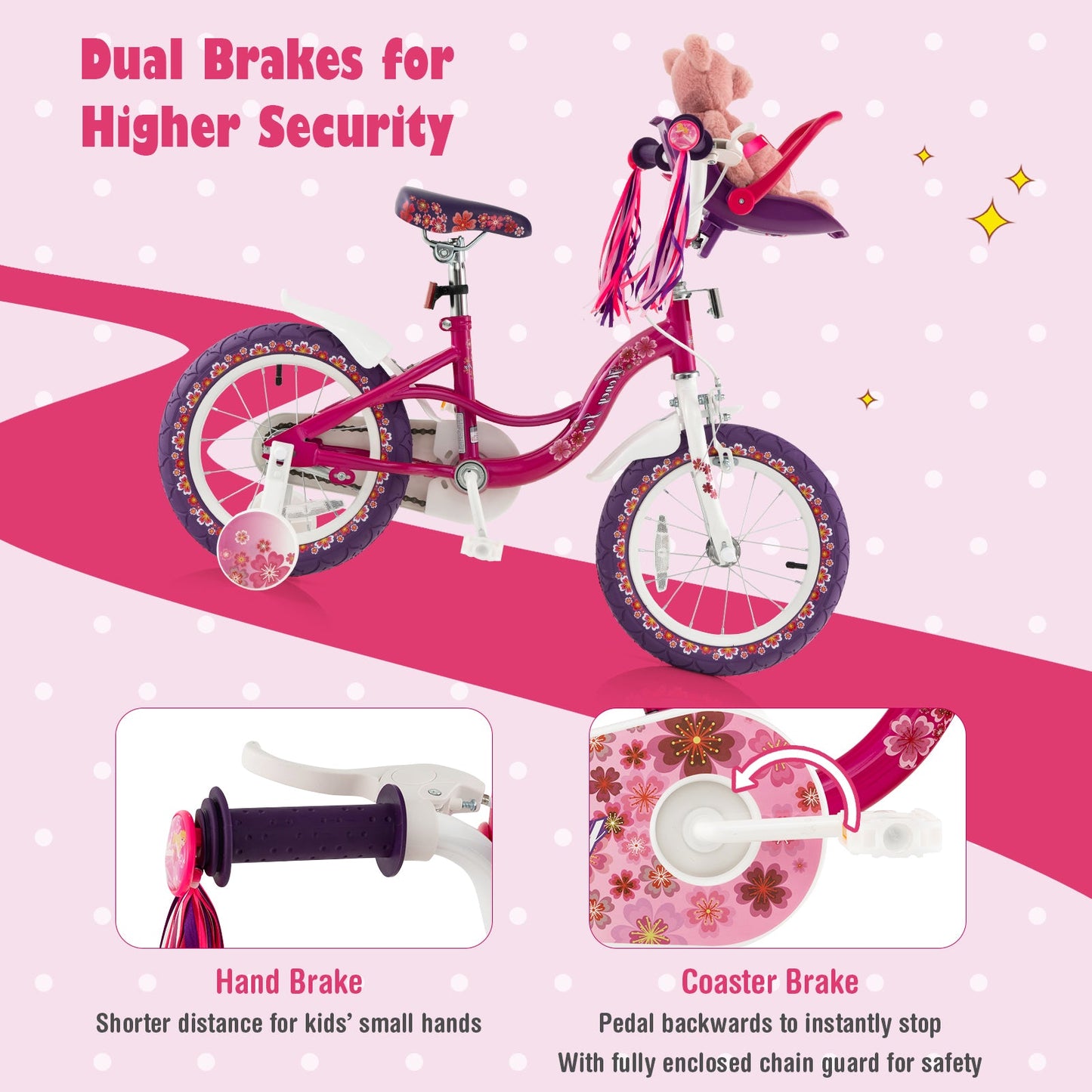 Vélo pour enfants de 14 pouces avec siège pour poupée et roues d'entraînement amovibles