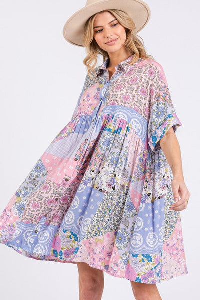 Pink Floral Collared Neck Half Sleeve Mini Shirt Dress