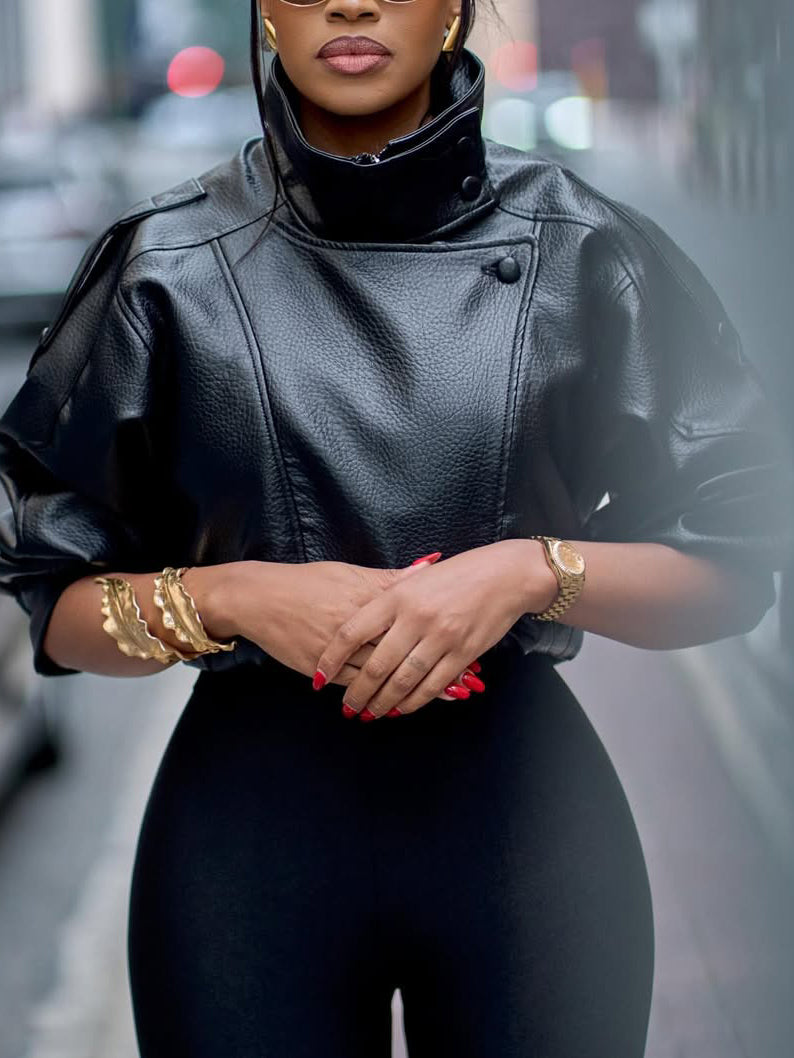Elegant Black Lychee Grain Faux Leather Cropped Jacket