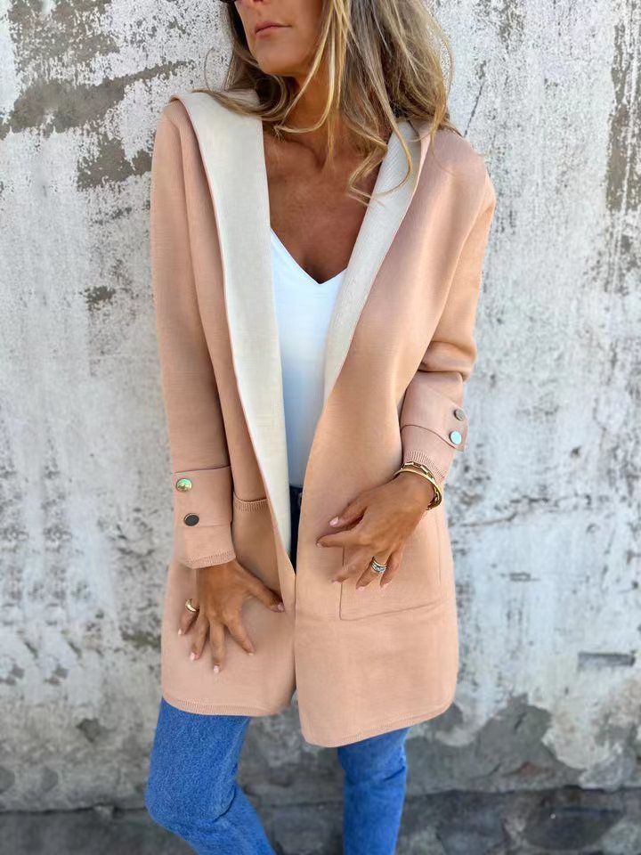 Manteau Cardigan Contrast Élégant pour Femmes avec Capuche