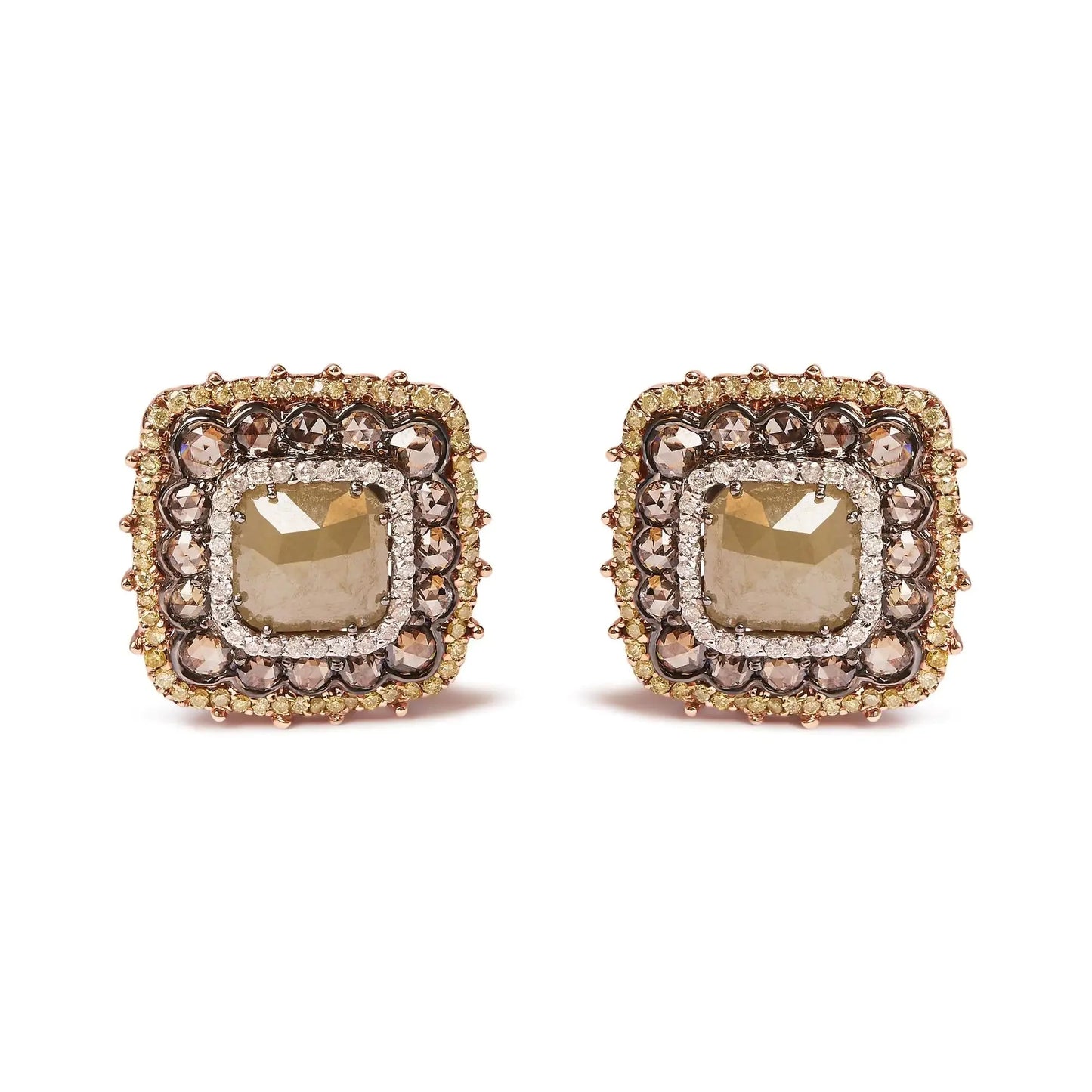 Boucles d'oreilles en or rose 14K avec diamants fancy color en forme de coussin et halo