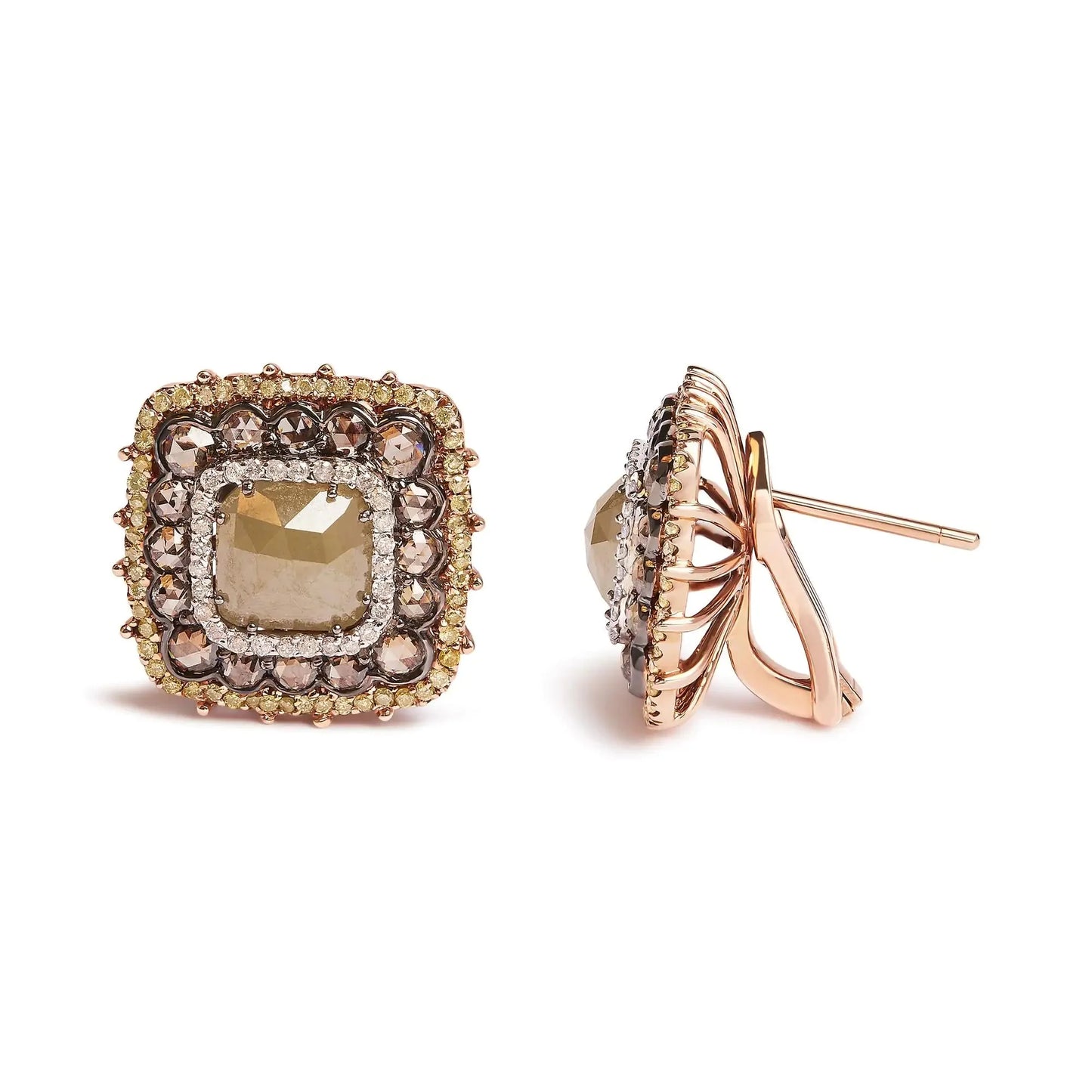 Boucles d'oreilles en or rose 14K avec diamants fancy color en forme de coussin et halo