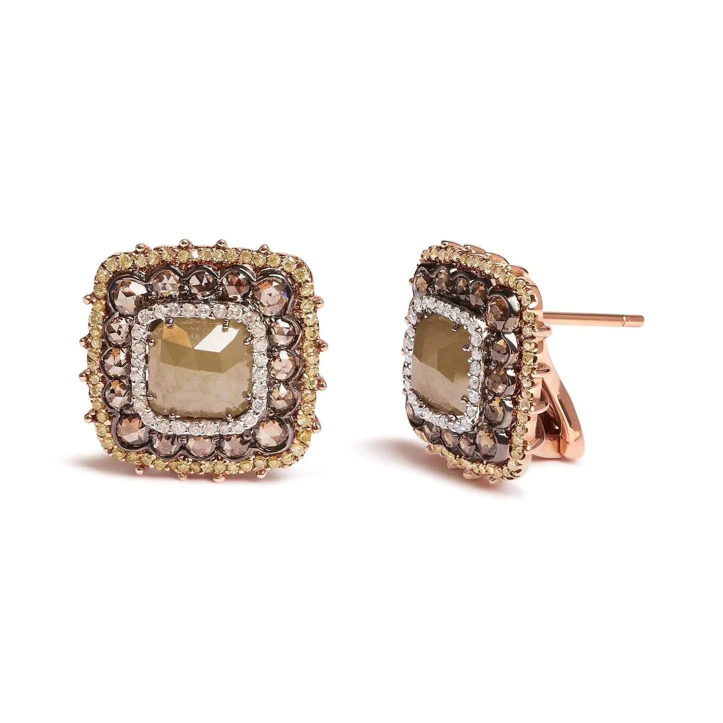 Boucles d'oreilles en or rose 14K avec diamants fancy color en forme de coussin et halo