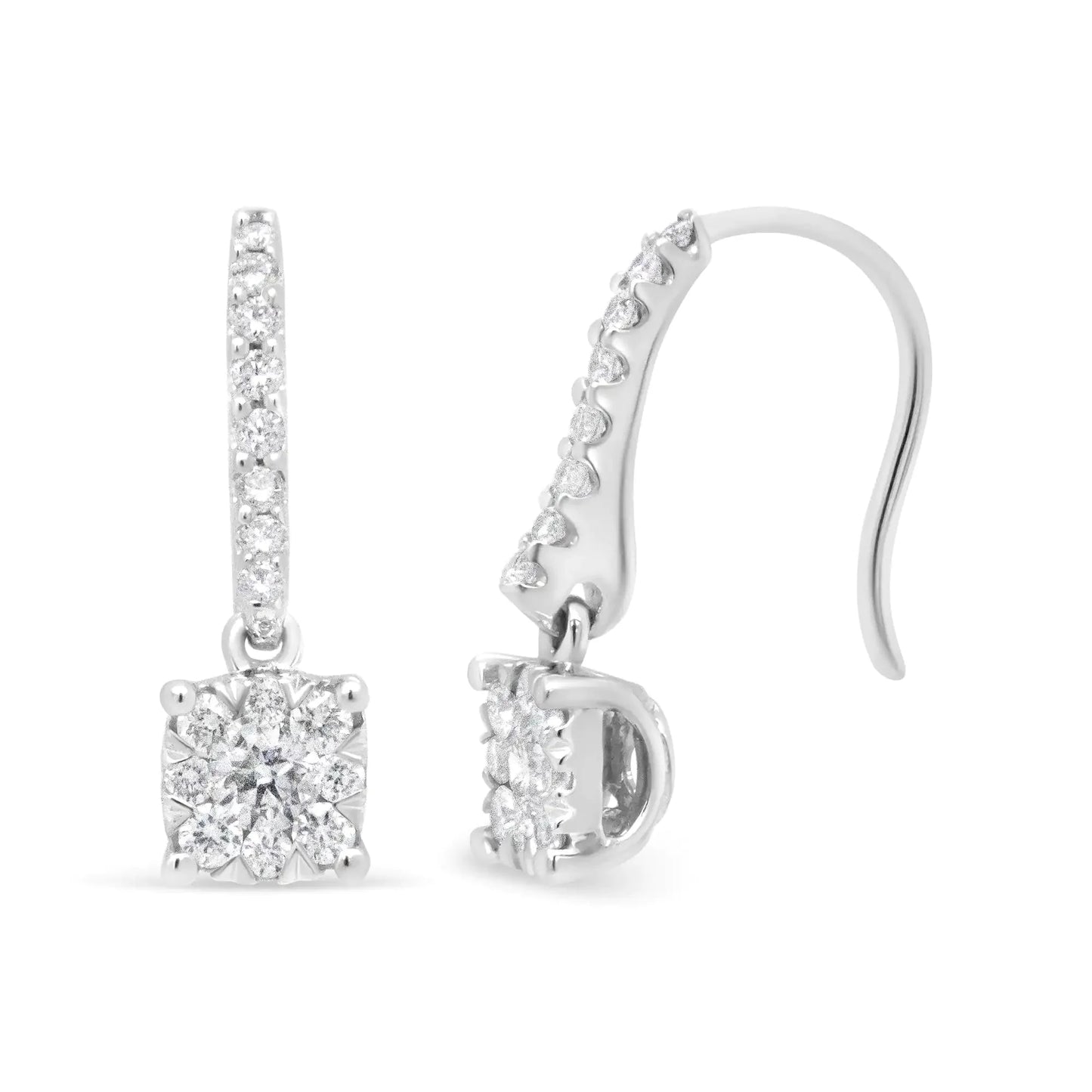 Pendientes colgantes de halo de diamantes en oro blanco de 14 quilates