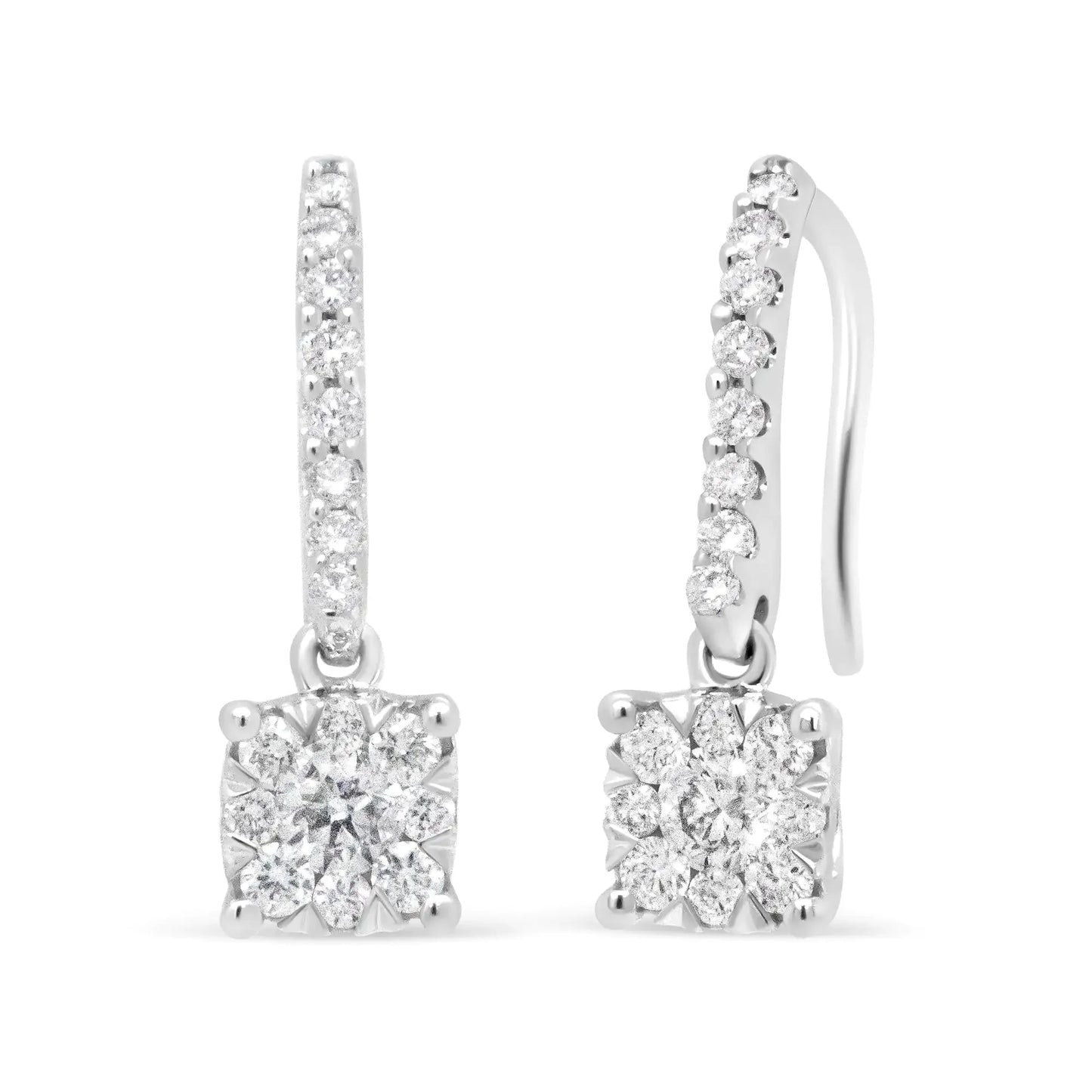 Pendientes colgantes de halo de diamantes en oro blanco de 14 quilates