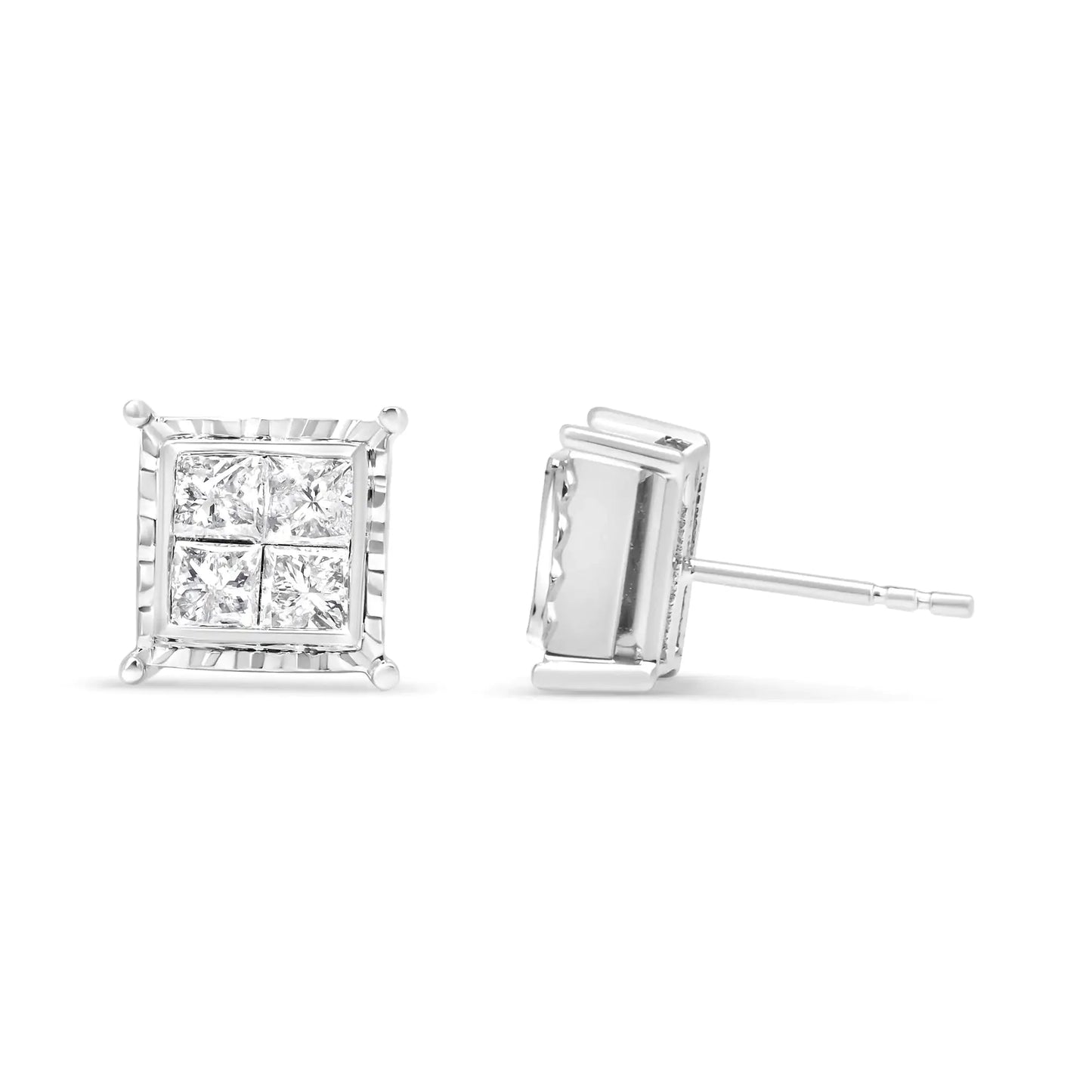 Boucles d'oreilles contemporaines en or blanc 14K avec diamants taille princesse