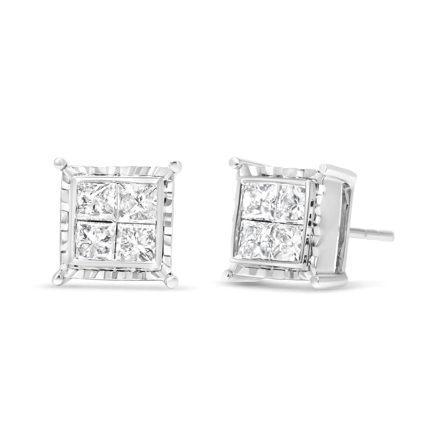 Boucles d'oreilles contemporaines en or blanc 14K avec diamants taille princesse