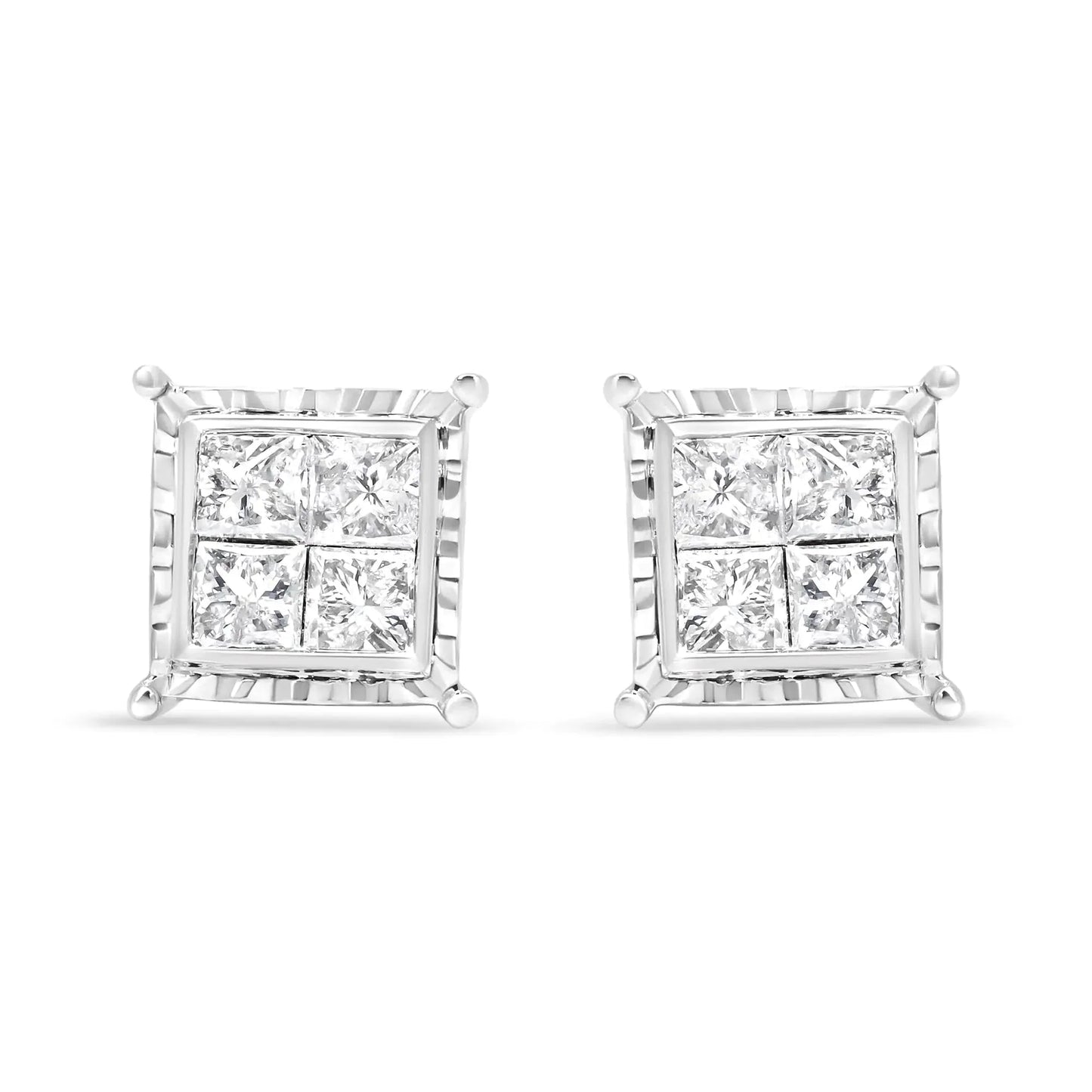 Boucles d'oreilles contemporaines en or blanc 14K avec diamants taille princesse