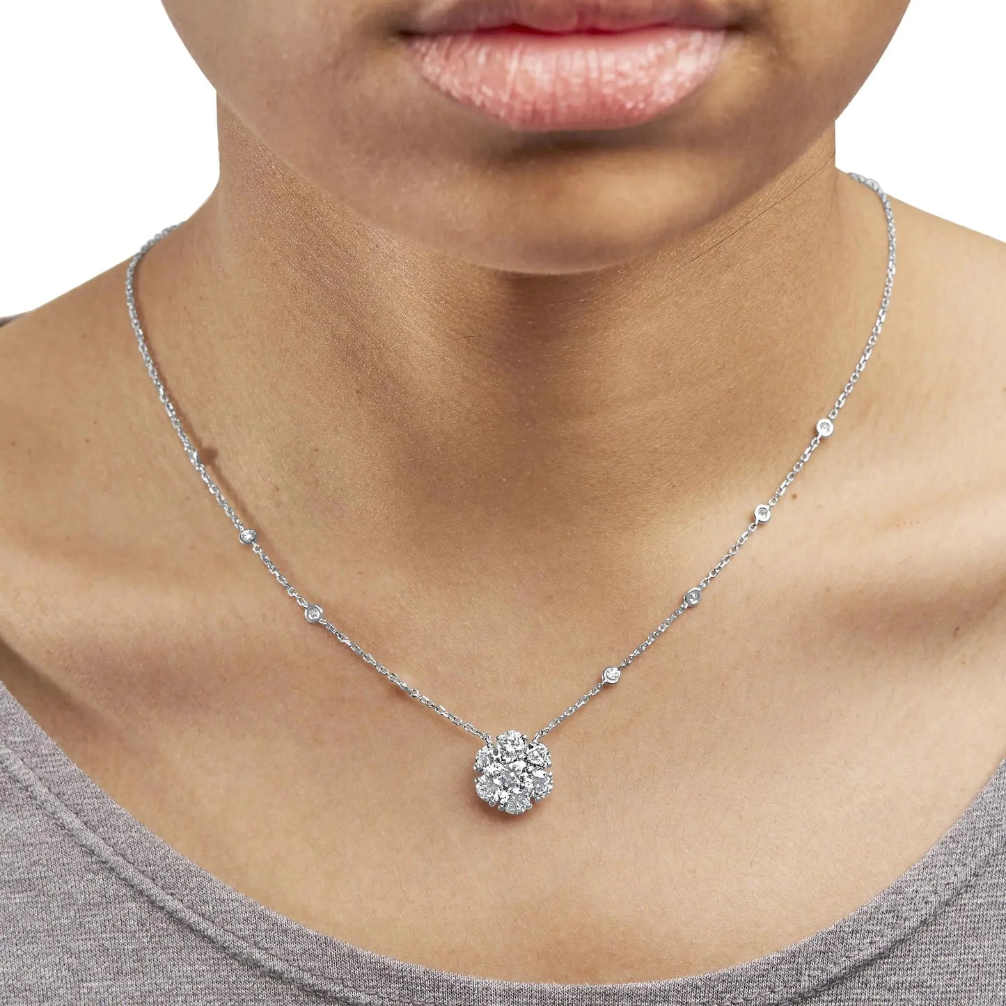 14K White Gold 3.0 Cttw Lab Grown Diamond Floral Cluster Necklace